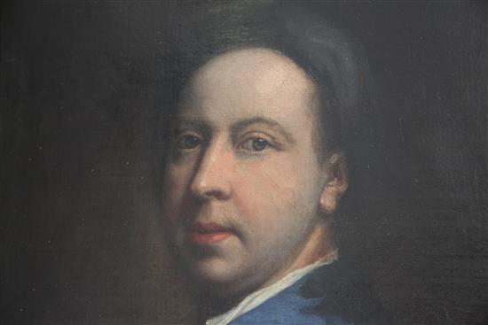 Early 18th century English School Portrait of a gentleman wearing a blue coat, 23.5 x 17.5in.